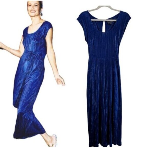Anthropologie Maeve Womens Pleated Crop Sonata Jumpsuit Size‎ 2 Blue Tie Front